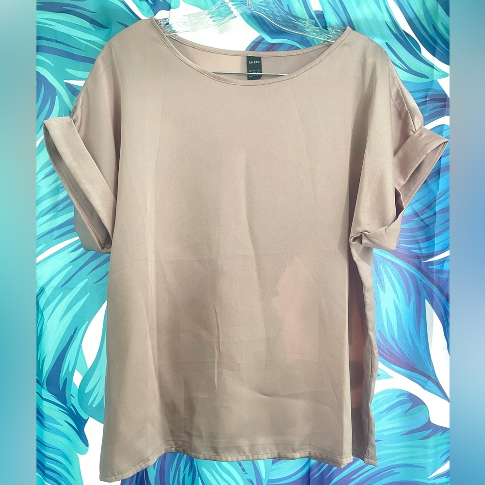 Rose Gold Silk Rolled Sleeve Blouse